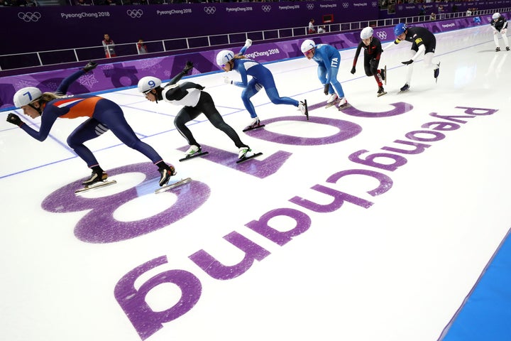 Irene Schouten of the Netherlands in the lead, before being overtaken by Japan's Nana Takagi and South Korea's Kim Bo-re