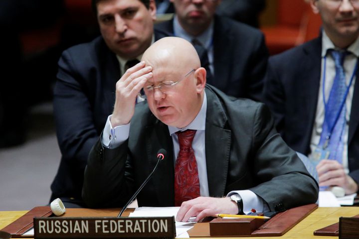 Russian ambassador to the U.N. Vasily Nebenzyathe reacts as he speaks to members of the United Nations Security Council after voting for ceasefire to Syrian bombing in eastern Ghouta, at the United Nations headquarters in New York, U.S., February 24, 2018. 