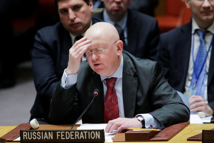 Russian ambassador to the U.N. Vasily Nebenzyathe reacts as he speaks to members of the United Nations Security Council after