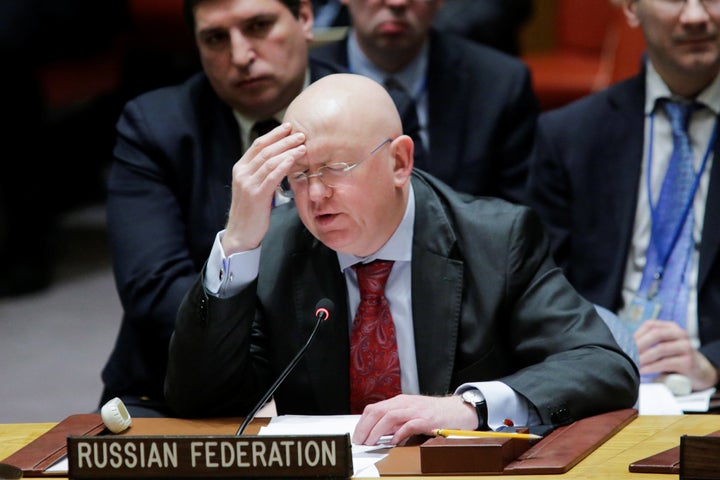 Russian ambassador to the U.N. Vasily Nebenzyathe reacts as he speaks to members of the United Nations Security Council after voting for ceasefire to Syrian bombing in eastern Ghouta, at the United Nations headquarters in New York, U.S., February 24, 2018. 