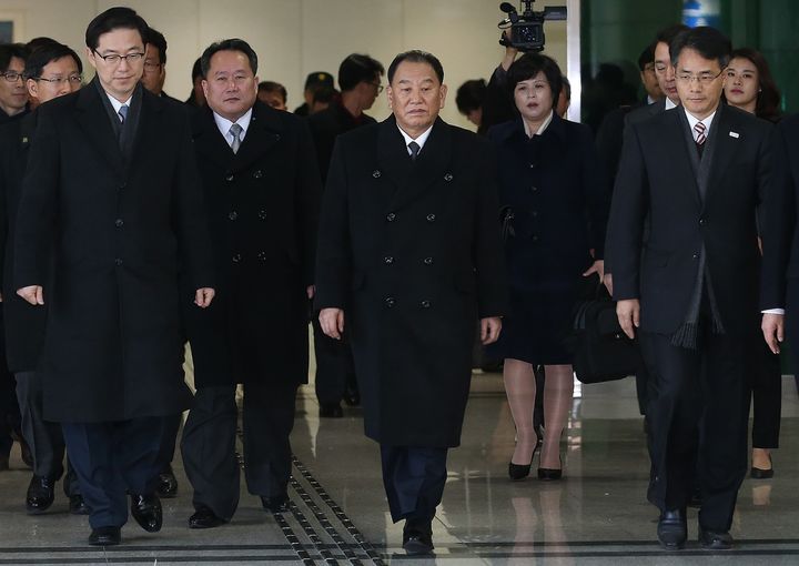 Kim Yong Chol (C), who leads a North Korean high-level delegation to attend the Pyeongchang 2018 Winter Olympic Games closing ceremony, arrives at the inter-Korea transit office in Paju on February 25, 2018.