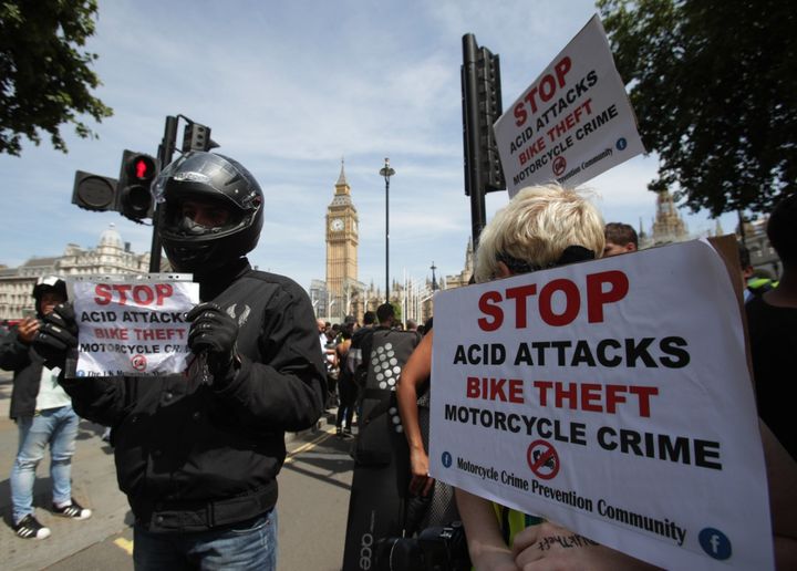 Food delivery riders demonstrated in Parliament Square following moped acid attacks after five separate male victims were targeted in the north and east of the capital