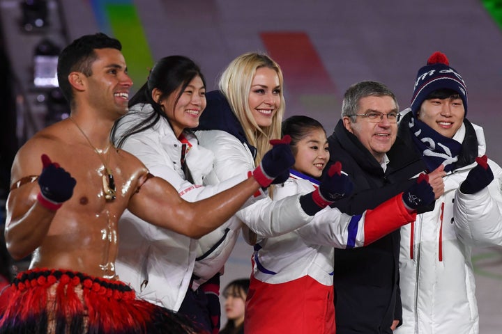 Taufatofua joined China's Liu Jiayu, USA's Lindsey Vonn, North Korea's Ryom Tae-ok, International Olympic Committee President