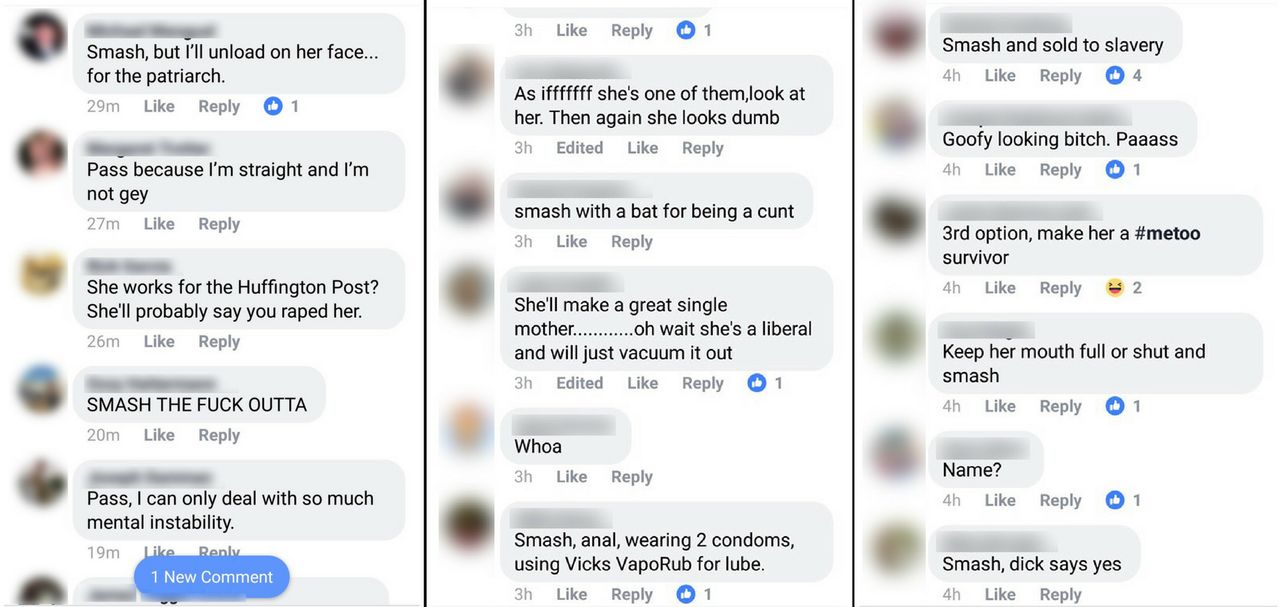 Screenshots of comments left on the "smash or pass" photo, including "smash with a bat for being a cunt."