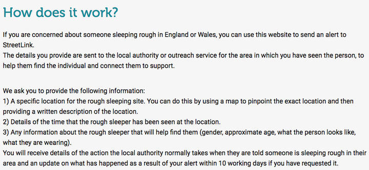 When a rough sleeper is reported via the Streetlink app, the details are sent to the local authority concerned