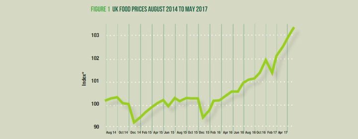 Figure 1 shows monthly Consumer Price Index (CPI) for food and non-alcoholic beverages in the United Kingdom (UK) from August 2014 to May 2016, where the year 2015 equals 100.