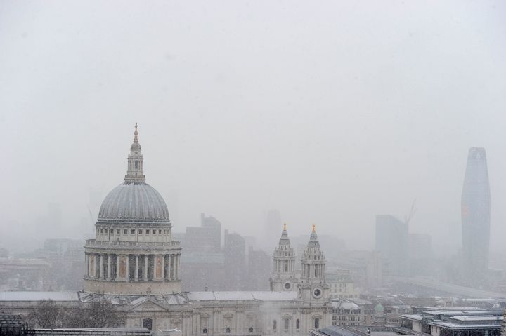 Snow on St Paul's Cathedral in London on Monday 