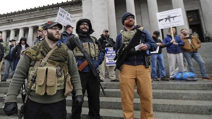 Gun rights supporters rally in Olympia, Washington, against several gun-control bills, including a ban on bump stocks, being considered by the Washington state Legislature. Lawmakers in at least 30 states introduced legislation to ban bump stocks in the wake of the Las Vegas mass shooting last October, but only two have been approved.