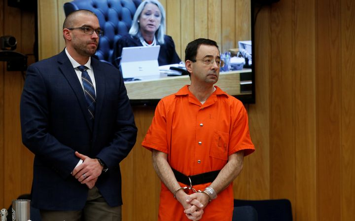 Nassar with his lawyer during his second sentencing hearing on Jan. 31, 2018.
