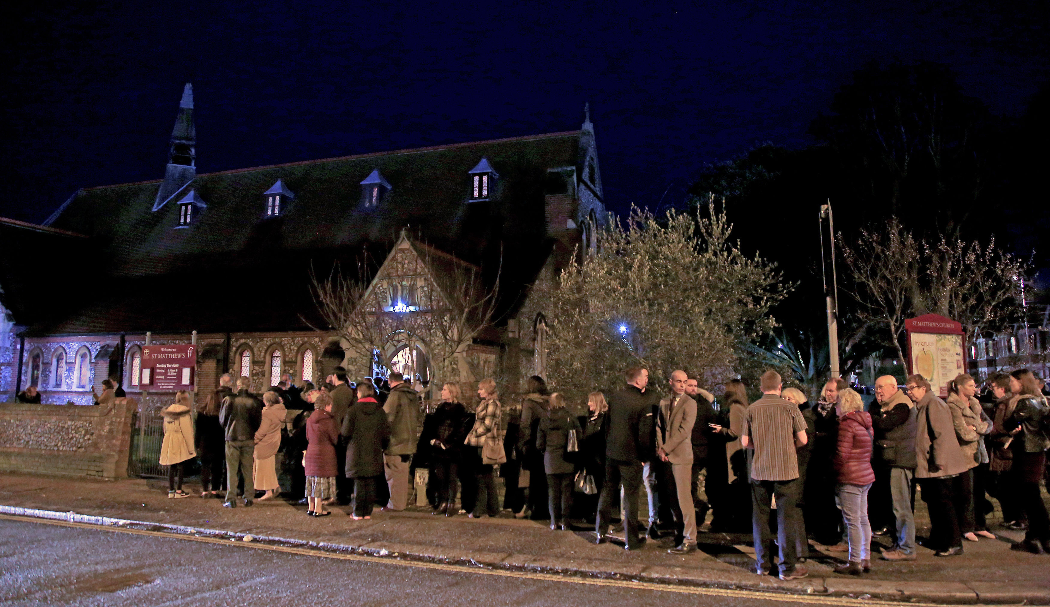 <strong>Mourners gather at St. Matthews Church in Worthing, West Sussex, for a memorial service for Stuart and Jason Hill, who were killed alongside Becky Dobson in a helicopter crash in the Grand Canyon.</strong>