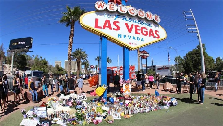 A memorial pays tribute to the victims of the mass shooting on the Las Vegas Strip in October. Fifty-eight people were killed in the attack.