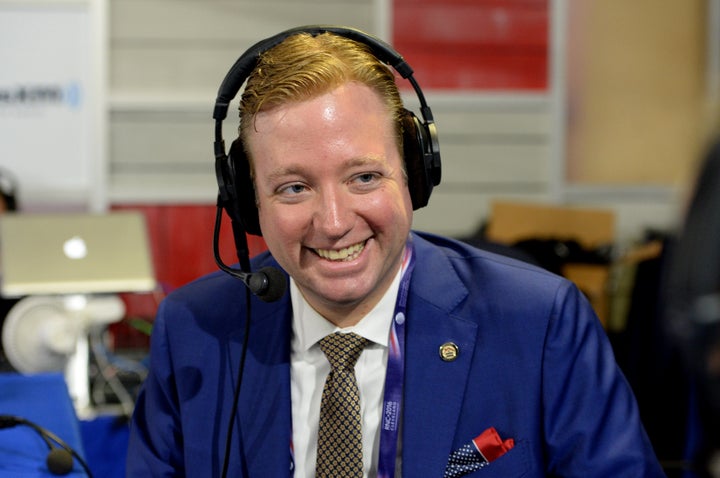 Gregory Angelo, president of Log Cabin Republicans, records a radio show on July 21, 2016, in Cleveland, Ohio.