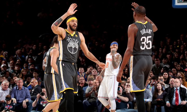 Kevin Durant and JaVale McGee of Golden State Warriors.