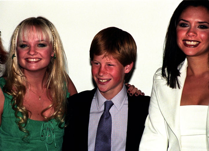 Prince Harry with Emma Bunton and Victoria Beckham. 