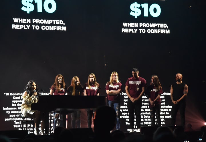 Survivors of the mass shooting in Parkland, Florida, joined Demi Lovato on stage for the first night of her “Tell Me You Love Me” world tour.