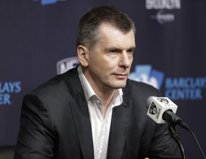 Brooklyn Nets owner Mikhail Prokhorov speaks during an NBA basketball news conference in New York in 2016. 