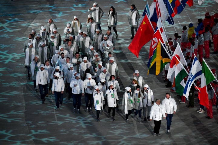 Russia’s athletes enter the closing ceremony of the PyeongChang 2018 Winter Olympic Games on Feb. 25, 2018. 