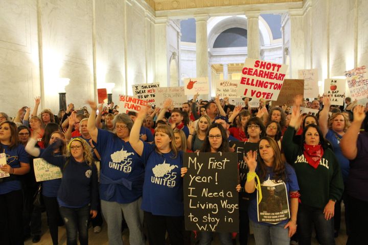 A teacher protest inside the West Virginia state Capitol on Monday.
