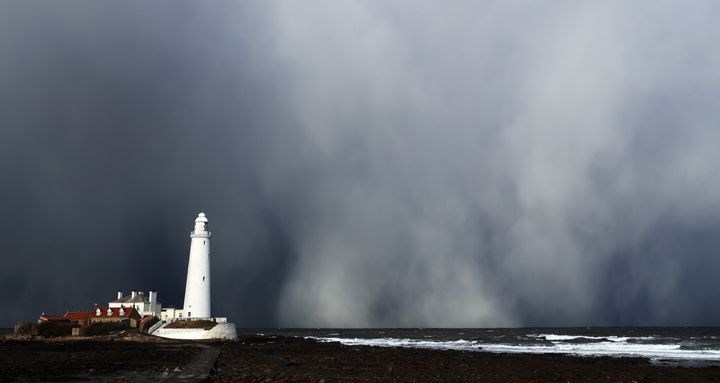 A snow storm over St Mary's Lighthouse in Whitley Bay 