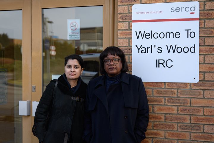 Shadow Home Secretary Diane Abbott and Shadow Attorney General Shami Chakrabarti arrive at the Yarl's Wood Immigration Detention Centre.