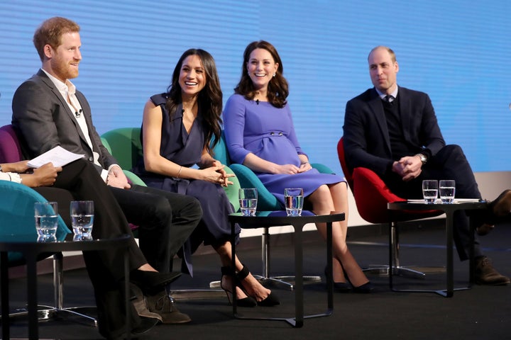 Prince Harry, Meghan Markle, and the Duke and Duchess of Cambridge attend the first annual Royal Foundation Forum on Feb. 28 in London. 