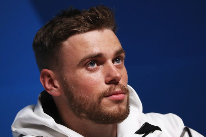 Gus Kenworthy is seen at a press conference during the Pyeongchang Winter Olympics, Feb. 11, 2018.