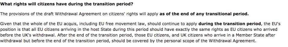 <strong>EU citizens 'arriving in the host state during [the transition period] should have exactly the same rights as EU citizens who arrived before the UK's withdrawal'.</strong>