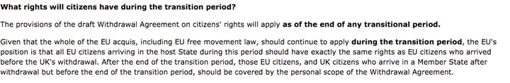EU citizens 'arriving in the host state during [the transition period] should have exactly the same rights as EU citizens who arrived before the UK's withdrawal'.