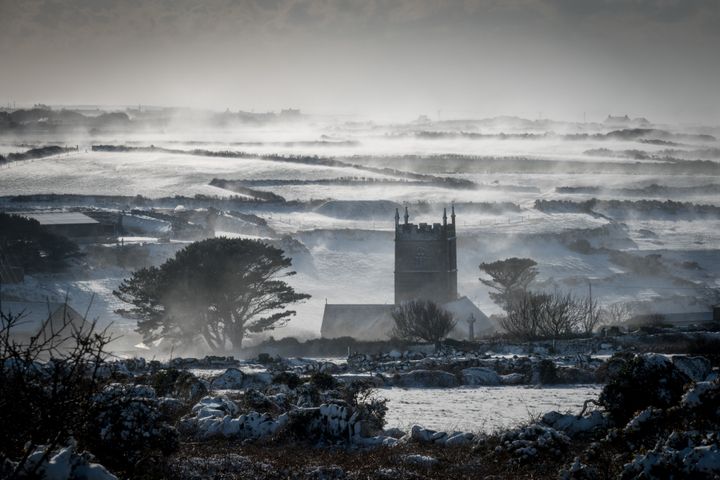 Snow drifts in fields surrounding the village of Zennor near St Ives in Cornwall.