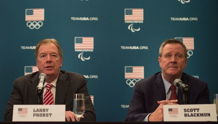 USOC Chairman Larry Probst and CEO Scott Blackmun at a 2014 news conference in San Francisco.