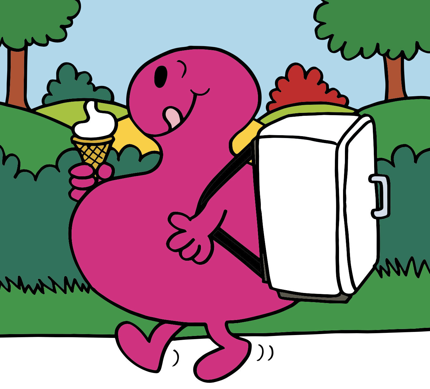 Little Miss Inventor invents a&nbsp;back-pack-snack-attack fridge for Mr. Greedy.