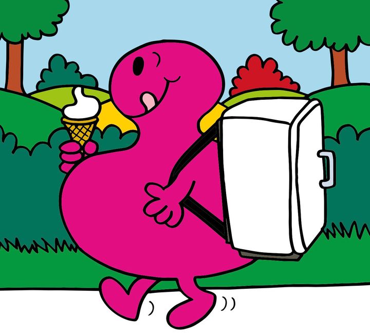 Little Miss Inventor invents a back-pack-snack-attack fridge for Mr. Greedy.