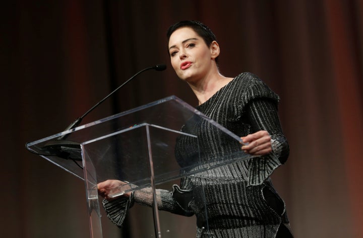 Actor Rose McGowan addresses the audience during the opening session of the three-day Women's Convention in Detroit in October 2017.