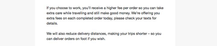 In an email to riders, Deliveroo says its extra payments are 'so you can take extra care while travelling'