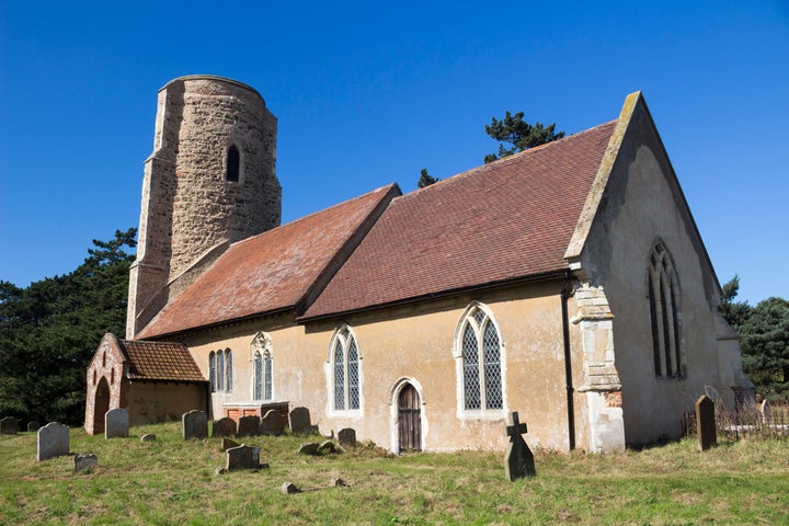 All Saints Church in the village of Ramsholt is an example of a traditional round-tower church in Suffolk, England.