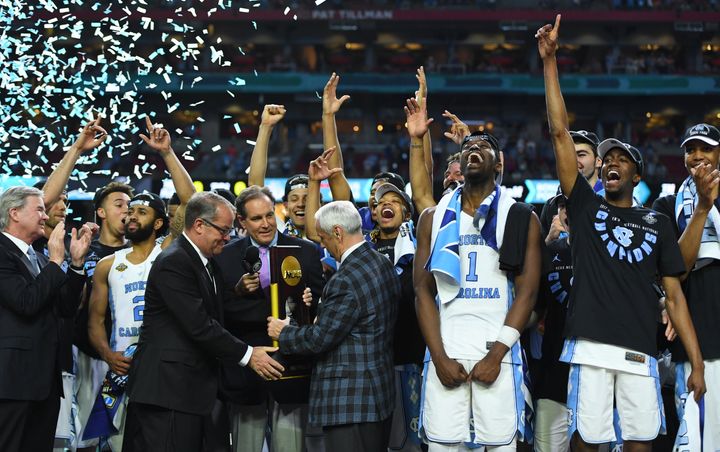 The North Carolina Tar Heels celebrate after winning the 2017 NCAA national championship.
