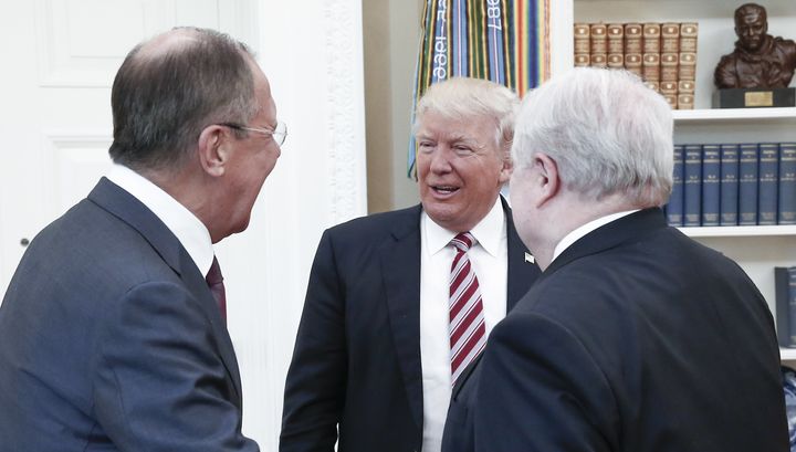 Russian Foreign Minister Sergey Lavrov, U.S. President Donald Trump and Russian Ambassador Sergey Kislyak meet in the Oval Office at the White House on May 10, 2017.