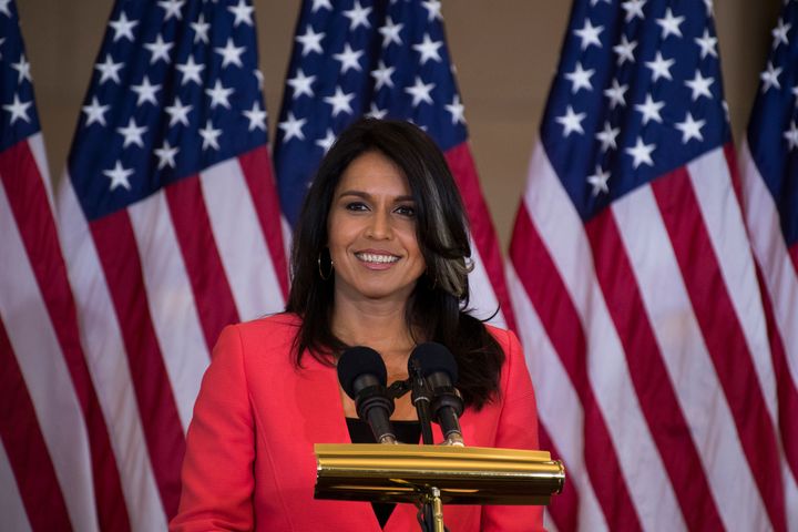 Rep. Tulsi Gabbard (D-Hawaii), here at a Washington ceremony last fall, says she has asked to be listed as a co-sponsor of the Assault Weapons Ban of 2018 bill.