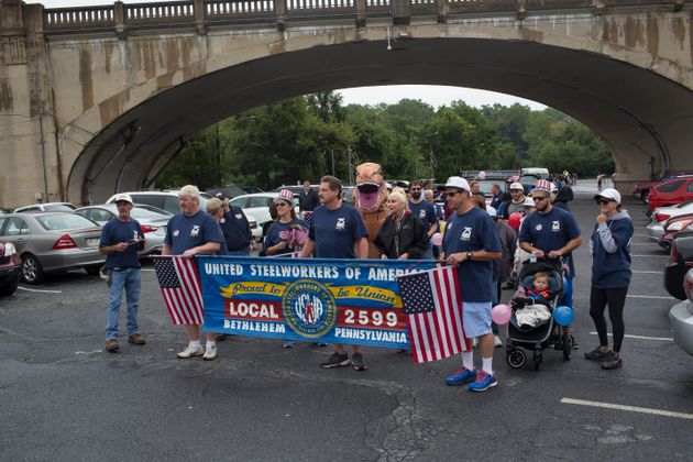 Former steelworkers marching in Bethlehem last September.