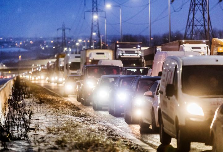 Traffic queueing to leave the M62 motorway ahead of junction 24 after the road was closed between junctions 21 and 24 as extreme weather continued to wreak havoc. 