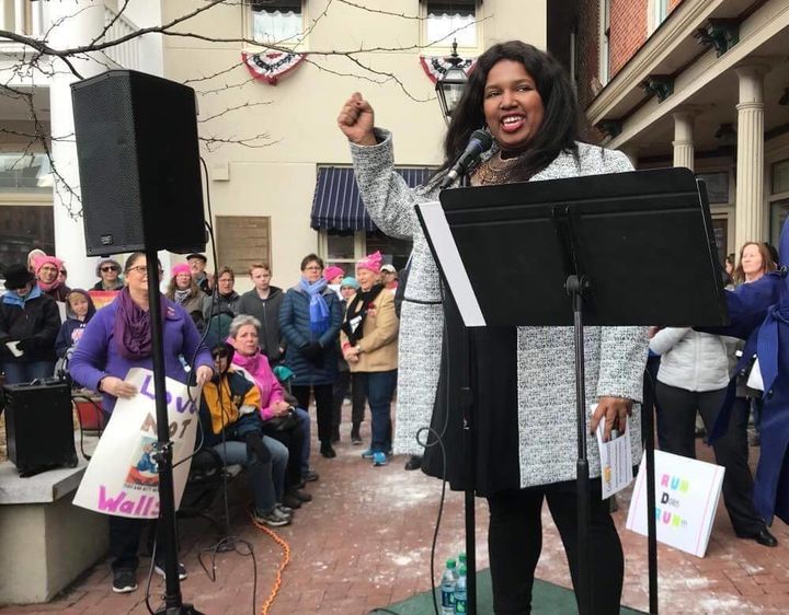 Shavonnia Corbin-Johnson speaks at a local Women's March on Jan. 22, 2018.