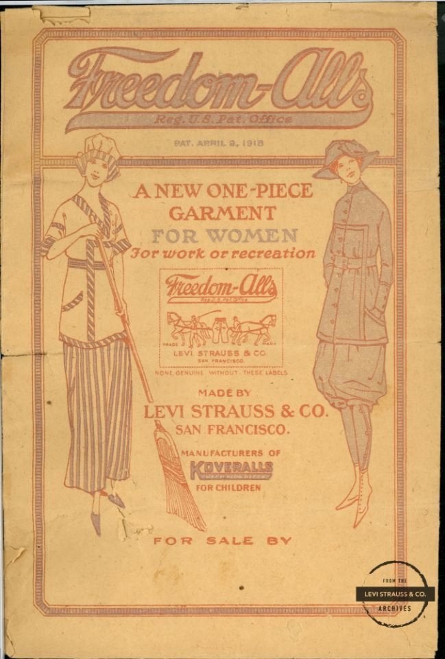 An ad for Levi’s Freedom-Alls, which debuted in 1918 as a way for women to participate more comfortably in outdoor activities at “dude ranches,” which were a popular vacation choice at the time. Just over a decade later, Levi’s introduced “Lady Levi’s.” 