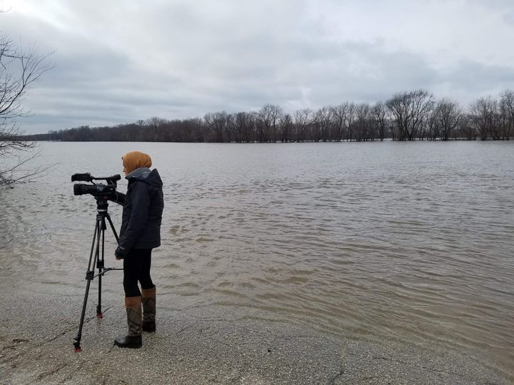 Tahera Rahman prepares a live shot as a reporter for WHBF-TV in Rock Island, Illinois.