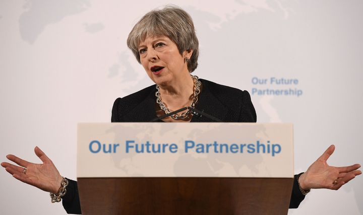 Theresa May delivers a speech at the Mansion House in London on the UK's economic partnership with the EU after Brexit.