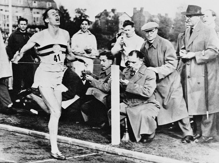 Bannister crosses the line of his record-breaking run in 1954