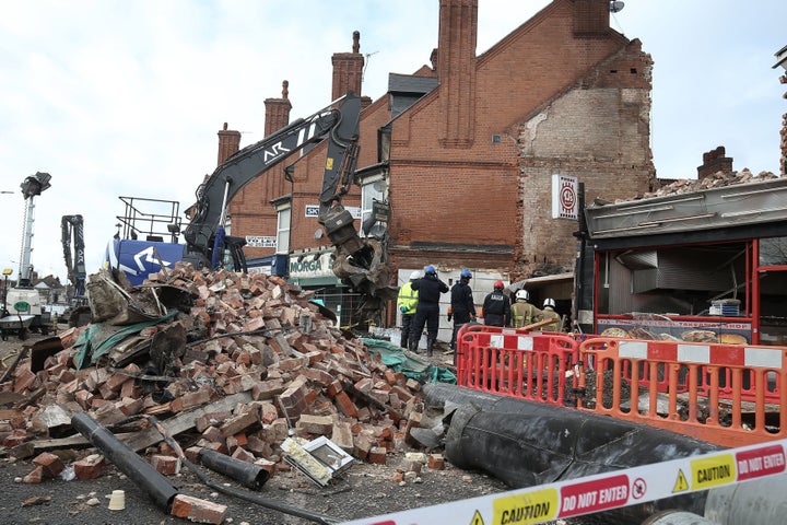 <strong>Emergency services at the scene of an explosion on Hinckley Road in Leicester. </strong>