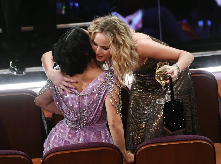 Lawrence hugging Salma Hayek.