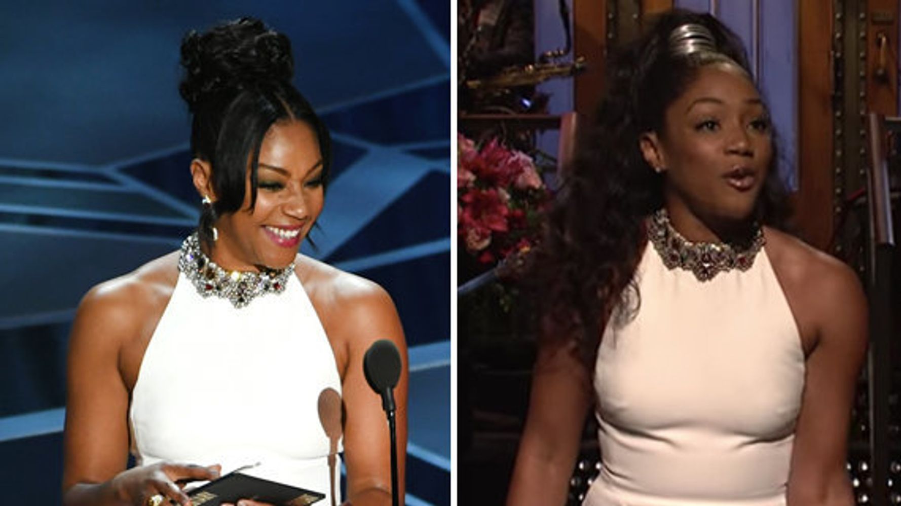 As Promised, Tiffany Haddish ReWore Her White 'SNL' Gown At The Oscars