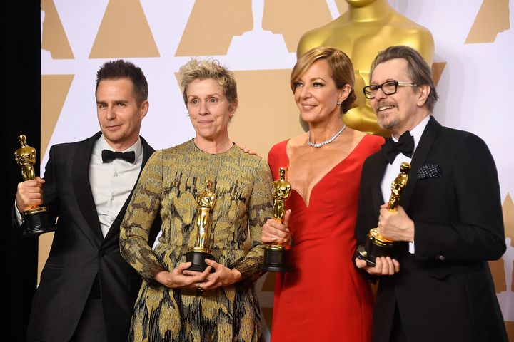 Frances McDormand, second from left, poses with her prized Oscar, which later would get lost.