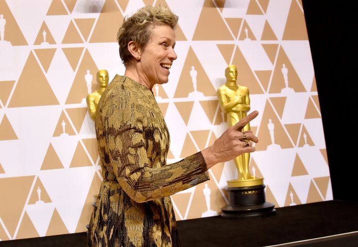 Frances McDormand, winner of the Best Actress award for "Three Billboards Outside Ebbing, Missouri," poses in the press room during the 90th Annual Academy Awards on March 4, 2018.